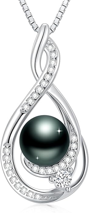 Tahitian Black Pearl 18K White Gold Plated Sterling Silver Heart/Infinity/Four Leaf Clover Pendant Necklace Jewelry Gifts for Women Wife Mom Girlfriend Wedding Birthday Anniversary Christmas