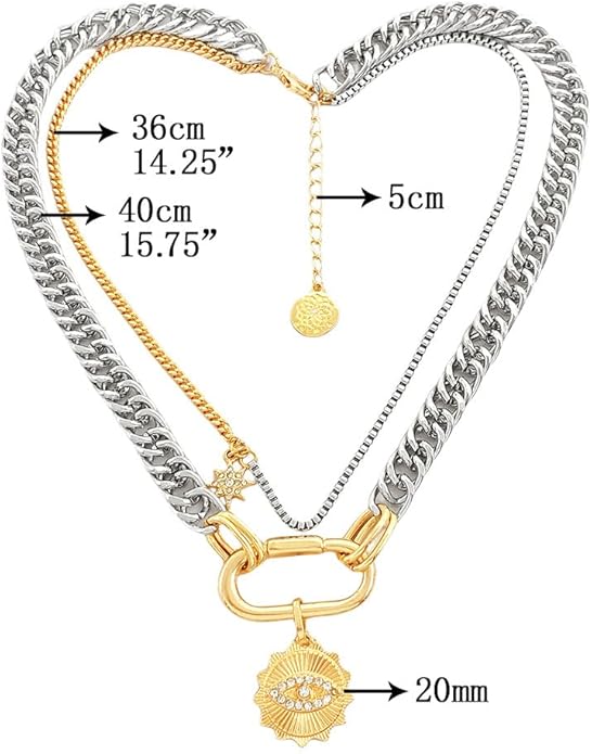 Valentines Day Gifts for her,Gold Statement Necklace,Muliti Layered Necklaces for Women,Chunky Two Tone Mixed Metal Necklace Set with Charm Pendant, Paperclip Stacked Chain, Trendy Coin Jewelry Gift for Her Gifts for Chrismas