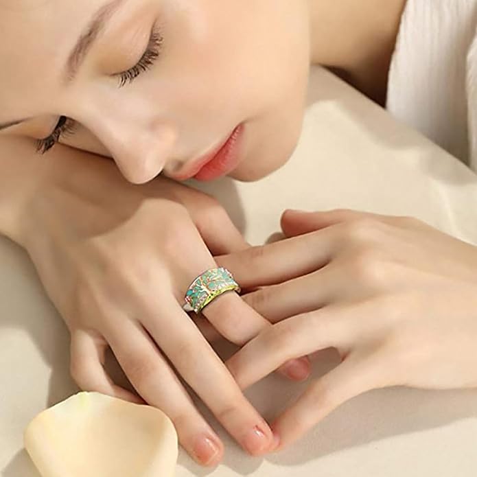 Women Tree of Life Lucky Flower Wide Band Ring Gold Pink Opal Green Enamel Resin Plated Dainty Tree Rhinestone Statement Thumb Index Full Finger Chunky Ring Party Crystal Vintage Jewelry