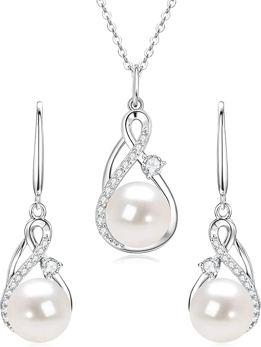 Sterling Silver Pearl Jewelry Set with Shiny Moissanite, Real Freshwater Pearl Earrings Necklace for Women, Wedding Jewelry for Brides Bridesmaid, Mother's Day