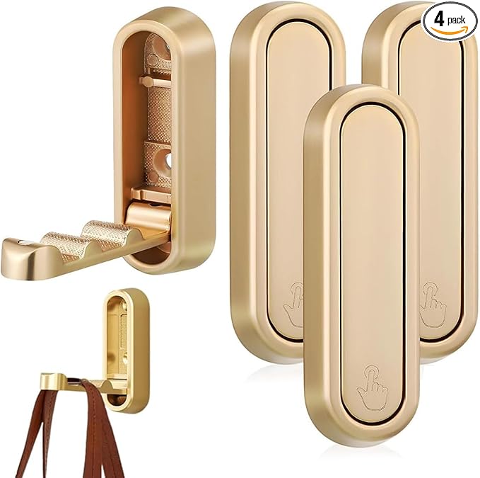 4PCS Gold Foldable Wall Hooks, Metal Folding Hooks Wall Mount, Easy Installation, Suitable for Bathroom Kitchen, Flip Down Hook for Wal l Hanging Coat, Bag, Towel, Key, Hat (Gold)