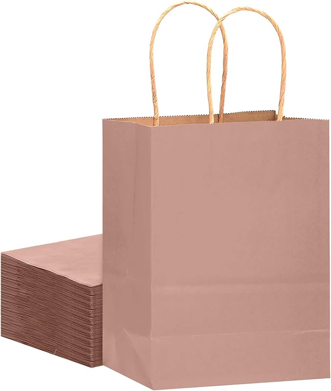 qiqee Large Kraft Paper Bags with Handles 13"x10"x5" 32 pcs Gift Paper Bag Cinnamon Pink Solid Color Bags（Large Size）