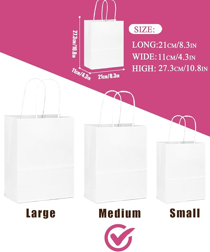 qiqee 30-Packs White Gift Bags with Handles Bulk 10.8"x8.3"x4.3" Medium Size Paper Bags Multiple Uses (Medium Size)