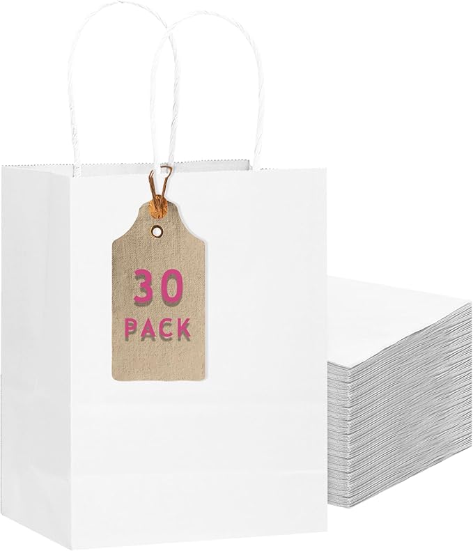 qiqee 30-Packs White Gift Bags with Handles Bulk 10.8"x8.3"x4.3" Medium Size Paper Bags Multiple Uses (Medium Size)