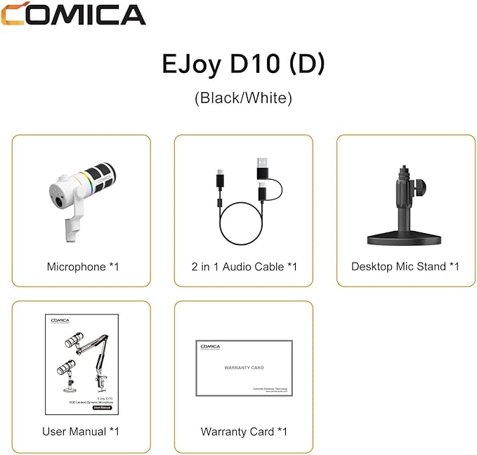 COMICA EJoy D10 D USB/XLR Dynamic Microphone with RGB Light &CalMix Denoise &Mute Button- Studio-Quality Cardioid Mic with Desktop Stand for Gaming, Streaming, Podcast,YouTube(PC/PS5/Xbox/Mac (White)