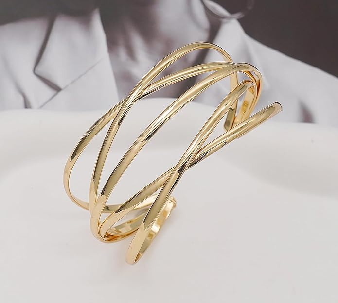 Multi-layer Cuff Bracelet for Women Cross Wire Bracelets Open Wide Cuff Gold Bangle Bracelet