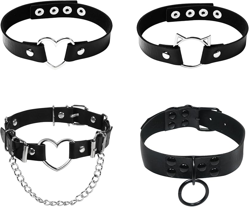 4Pcs Gothic Choker Collar for Women Black Leather Choker Heart Chokers Necklace Emo Chokers with Pu Leather, Adjustable Length, 80s Punk Goth Jewelry Necklace for Party Cosplay Decorations