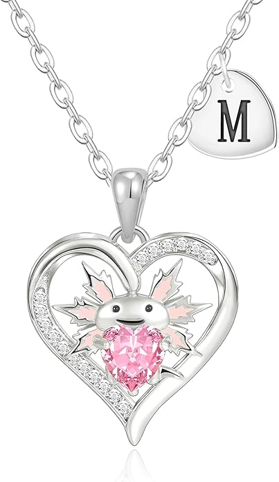 Macate Valentines Day Gifts for Her, 14K Gold Plated Heart Initial Pendant Axolotl Necklace Gold/silver Necklace Valentines Day Birthday Gifts for Women Teen