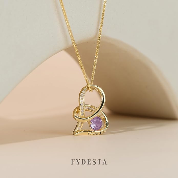 Enduring Hearts Purple Zircon Necklace for Women - 14K Gold Plated Copper Infinity Pendant, Dainty Everyday Jewelry
