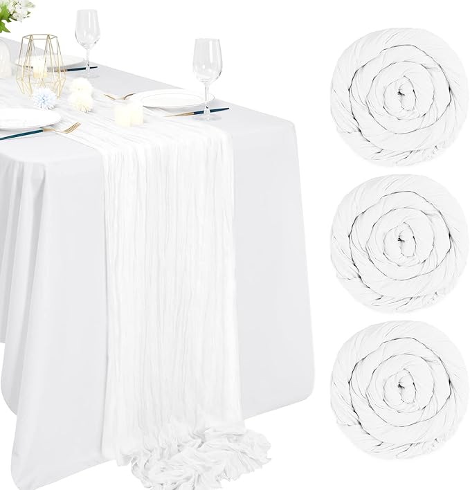 3 Packs White Cheesecloth Table Runner, 10Ft x 35" Rustic Gauze Boho Wedding Table Runner Decoration, Wedding Table Decor Table Cloth for Wedding Party Bridal Shower Table