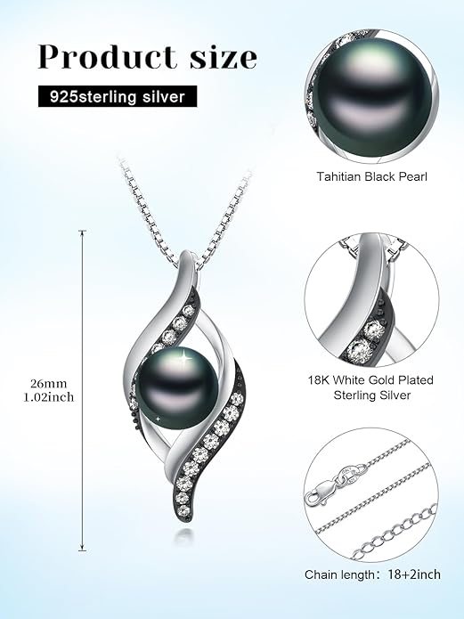 Tahitian Black Pearl 18K White Gold Plated Sterling Silver Heart/Infinity/Four Leaf Clover Pendant Necklace Jewelry Gifts for Women Wife Mom Girlfriend Wedding Birthday Anniversary Christmas