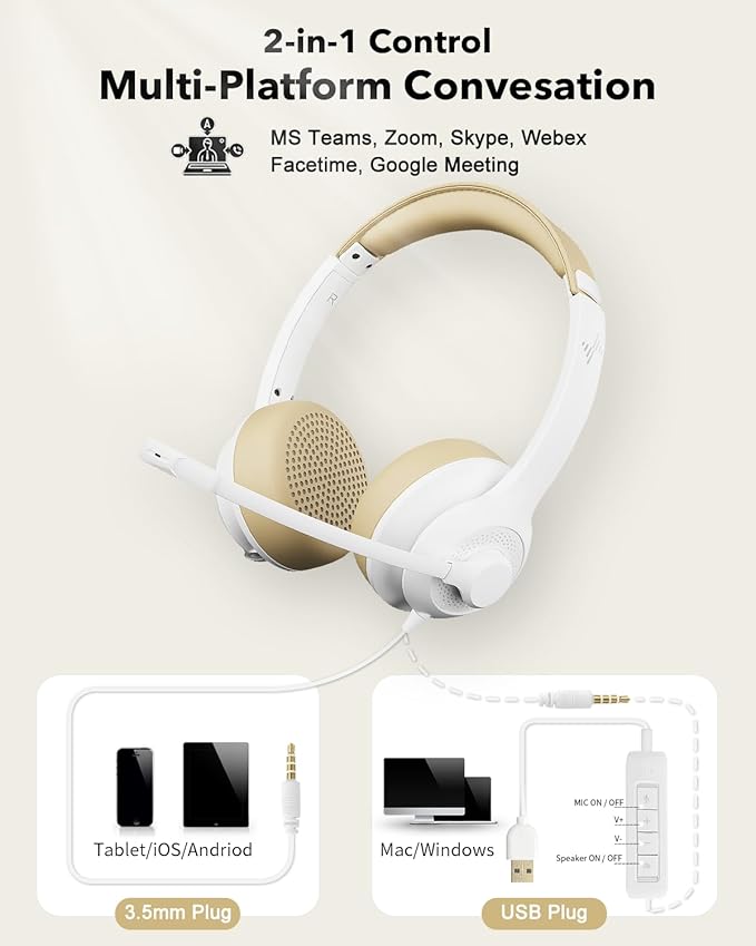USB Headset with Microphone for PC, On-Ear Computer Laptop Headphones with Noise Cancelling Mic in-line Control for Home Office Online Class Zoom (USB+3.5mm, White)