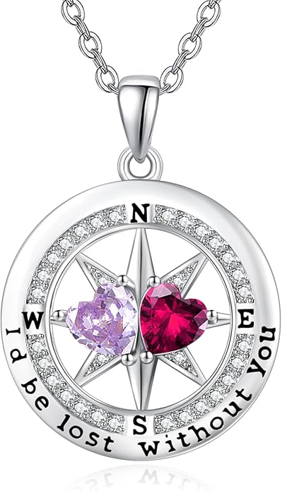 Compass Necklace for Women, Exquisite S925 Valentines Day Anniversary Birthday Gifts for Wife Her Double Birthstone Pendant Jewelry ‘I'd be Lost Without You’