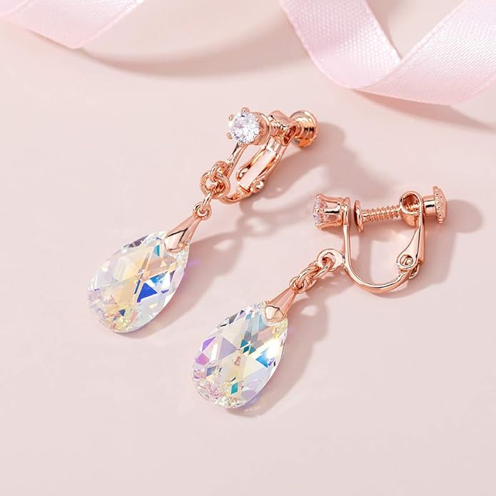 Teardrop Austrian Crystal Drop Clip On Dangle Earrings for Women Non Pierced 14K Rose Gold Plated Hypoallergenic Jewelry