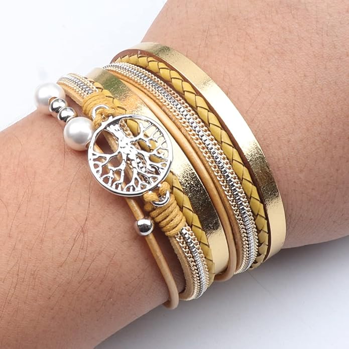 KSQS Tree of Life Leather Multi-Layer Wraps Bracelet,Boho Wide Buckle Wristband Bangle,Braided Cuff Bracelets for Women