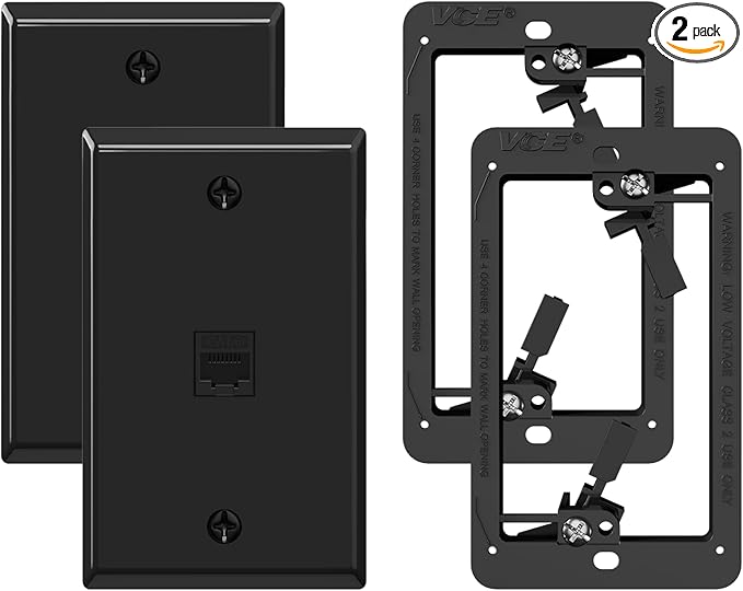 VCE Black Ethernet Wall Plate (UL-Listed), 1-Port CAT6 Wall Plate and Jack, RJ45 Keystone Wall Outlet with Single Gang Low Voltage Mounting Bracket, 2-Pack