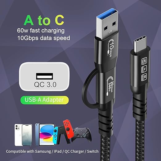 CABLEDECONN USB2.0 A to USB C 3.2 Type C 20Gbps Male to Male Detachable 2m 6.6ft Cable Data Extension 10Gbps 240W Fast Charge 8K Ultra HD Video Data Connection Power Line