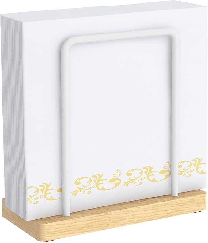 Napkin Holder for Table, Wood Metal Napkin Holder for Kitchen Dining, Standing Paper Napkin Storage for Table Countertop, White