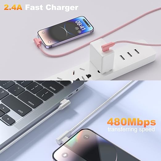 iPhone Charger 3 Pack 10FT USB A to Lightning Cables 90 Degree Charge Cable MFi Certified Nylon Braided Fast Charging Cord for iPhone 14/13/12/11/X/Max/8/7/6/6S/5/5S/SE/Plus/iPad