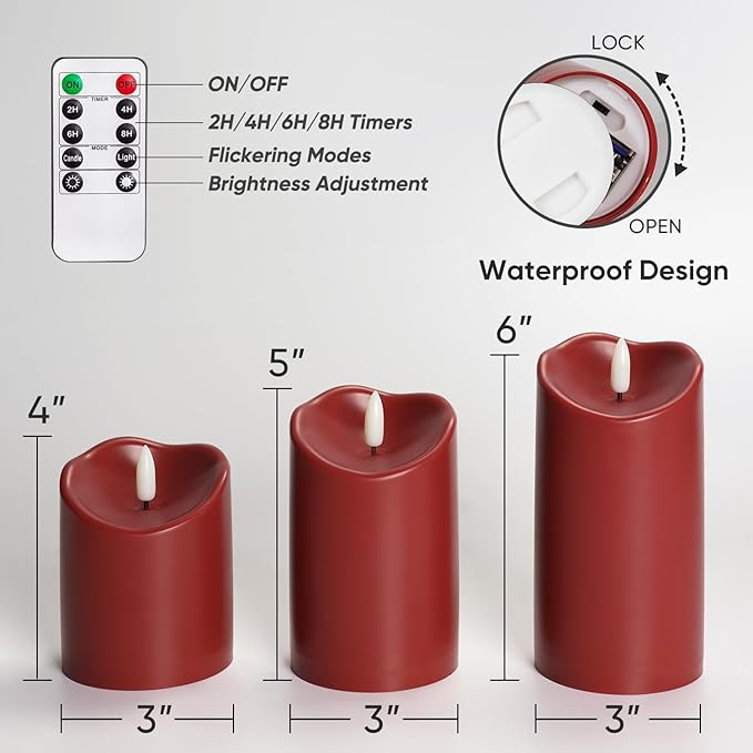 Homemory Burgundy Flameless Candles, Waterproof Flickering Flameless Candles, Outdoor Battery Operated LED Pillar Candles with Remote Timer, Electric Fake Plastic Candles, D3 x H4 5" 6", Red, 3 Pack