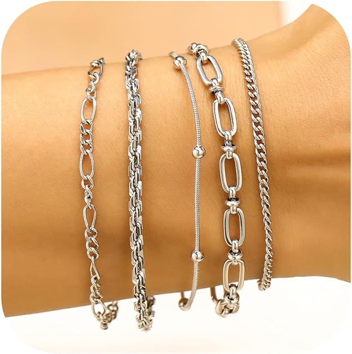 wgoud Dainty Gold Chain Bracelets, 14K Real Gold Plated Link Bracelets for Women, Trendy Stackable Bracelet Set, Waterproof Adjustable