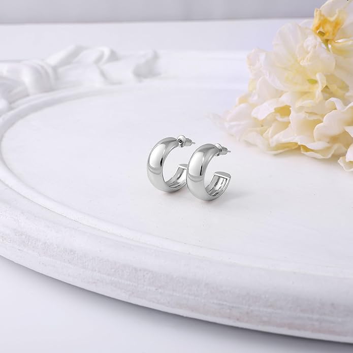 Gamicy Small 14K Gold Plated Hoop Earrings for Women with 925 Stering Silver Post, 14K Real Gold Plated Chunky Lightweight Hoops Earrings