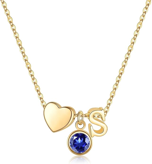 Ursilver Initial Birthstone Necklace for Women - Heart Initial Birthstone Pendant Necklace Personalized Gifts Birthday Gifts for Women