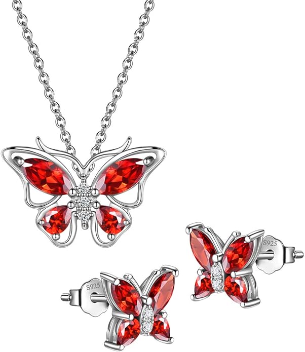 925 Sterling Silver Birthstone Butterfly Jewelry Women Crystal Animal Cute Butterflies Birthday Necklace/Earring/Ring/Bracelet Sets Birth Stone Statement Anniversary Jewellery