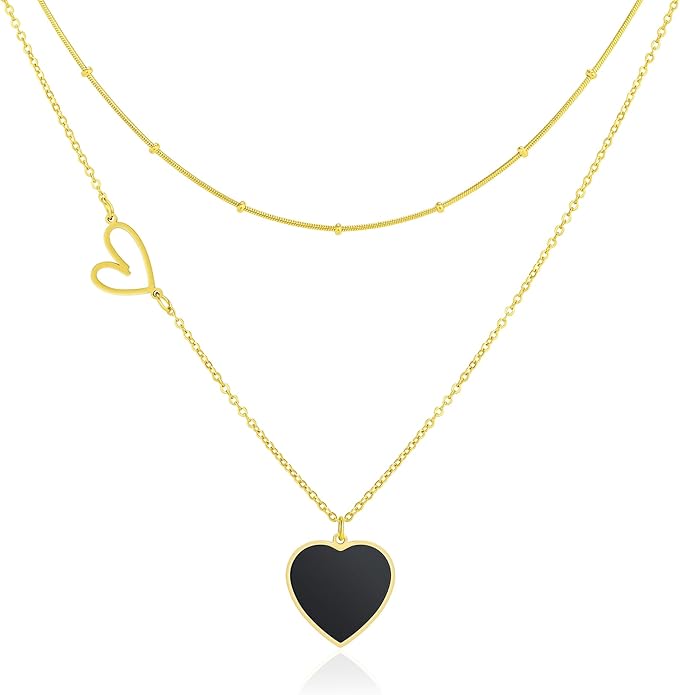 Linawe Layered Choker Heart Pendant Necklace for Women Trendy, Gold/Silver/Rose Gold Chain Stainless Steel Stacked Necklaces, Double Heart Necklace Y2K Preppy Jewelry