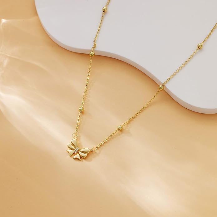Valentines Day Gifts for Her - Dainty Bow Necklace for Women 14K Gold Plated Cute Choker Small Pendant Charm Necklaces Teen Gift Trendy Stuff Personalized Jewelry