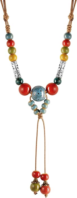 MINACHI Vintage Bohemian Ethnic Colorful Ceramic Bead Long Y Necklace, Hippie Boho Summer Fashion Jewelry Gift for Women
