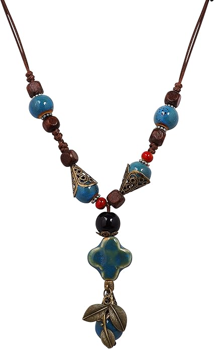 MINACHI Vintage Bohemian Ethnic Colorful Ceramic Bead Long Y Necklace, Hippie Boho Summer Fashion Jewelry Gift for Women
