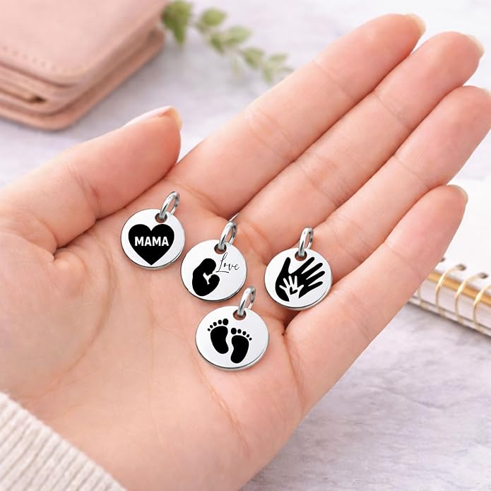 SM Design Pregnancy & New Baby Charm Set – Set of 4 Meaningful Stainless Steel Charms – Great for Crafting, Making Bracelets and Necklaces - Meaningful Keepsake Charms for Expecting & New Moms