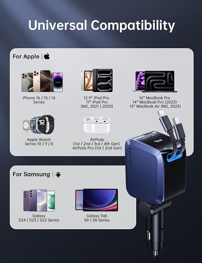 Retractable Car Charger, Car Accessories, 72W Fast Charging USB C Car Charger with 4FT Retractable Cables and 2 Ports, for iPhone 16 15 14 13 12, Samsung etc Dark Blue