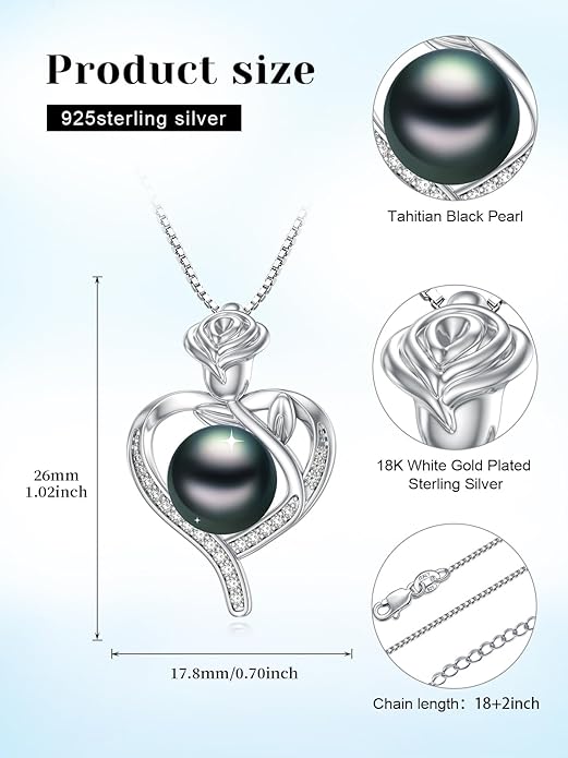 Tahitian Black Pearl 18K White Gold Plated Sterling Silver Heart/Infinity/Four Leaf Clover Pendant Necklace Jewelry Gifts for Women Wife Mom Girlfriend Wedding Birthday Anniversary Christmas