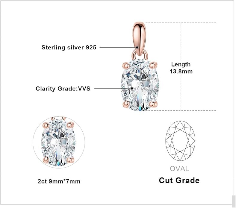 JewelryPalace Oval Cut 1ct 2ct Cubic Zirconia Solitaire Pendant Necklace for Women, 925 Sterling Silver Necklaces for Her, Classic Simulated Diamond Jewelry Set Gift, 18 Inches Chain
