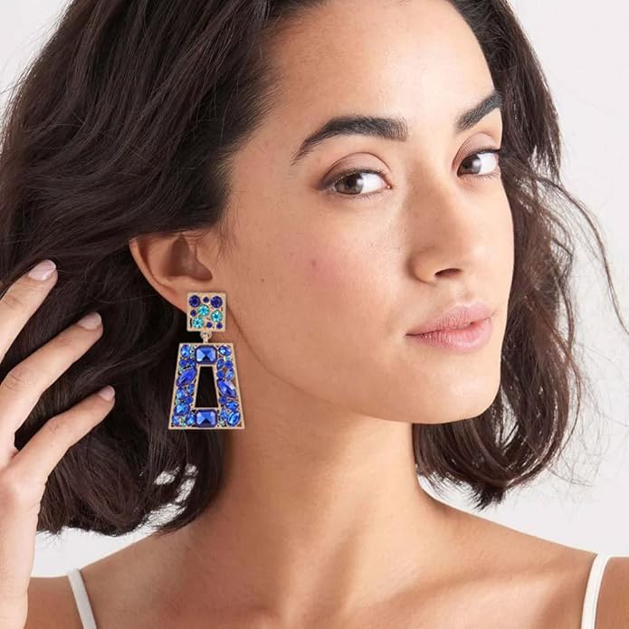 Rhinestone Rectangle Statement Earrings Colorful Crystal Geometric Drop Dangle Earrings for Women Prom Party