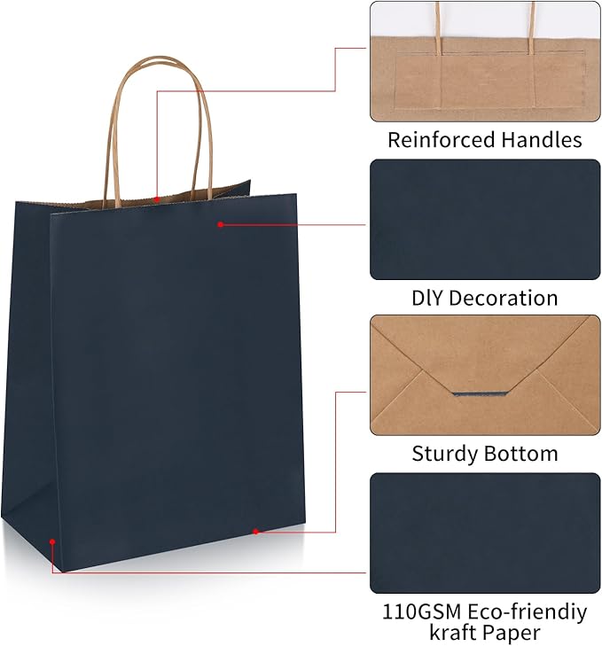 Joybe 200 Pack 8x4.75x10 Inch Medium Navy Blue Kraft Paper Bags with Handles Bulk, Craft Paper Gift Bags for Party Favors Grocery Retail Shopping Business Goody Merchandise Take Out Blank Sacks