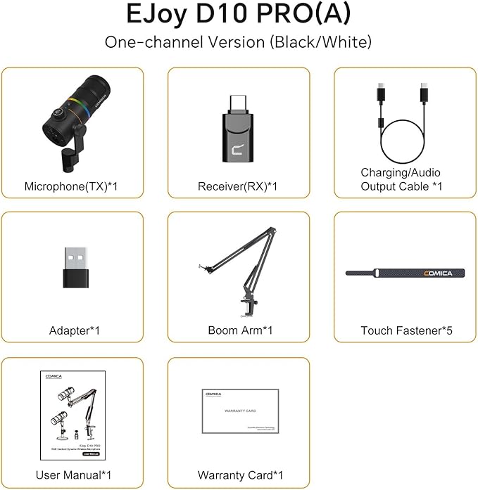 COMICA D10 Pro A Wireless/XLR/USB Dynamic Microphone with Receiver Boom Arm Stand- Dual Channel Cardioid Mic, 45H Battery, RGB Lights, CalMix Denoise for Gaming/Streaming/PD(PC, PS4/5, Mac,Phone)Black