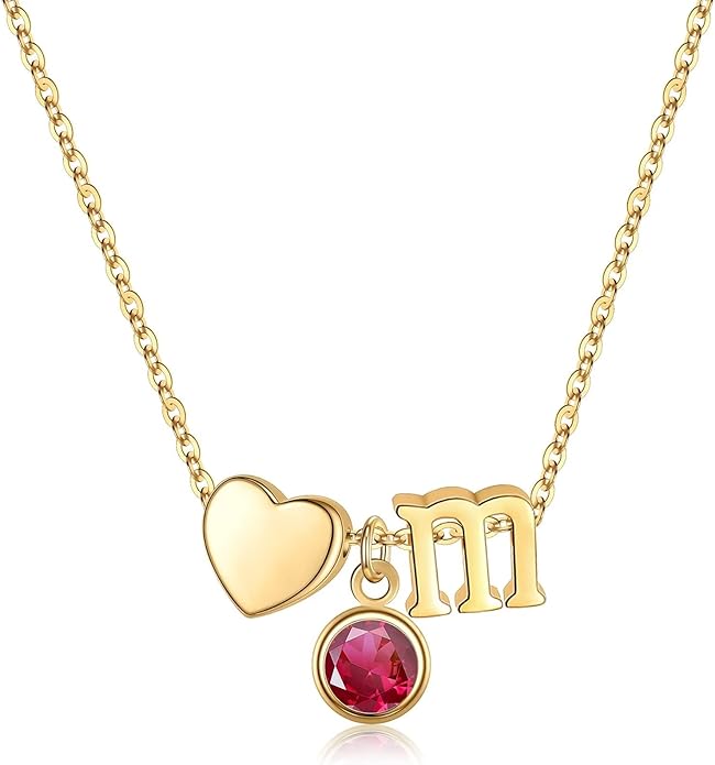 Ursilver Initial Birthstone Necklace for Women - Heart Initial Birthstone Pendant Necklace Personalized Gifts Birthday Gifts for Women