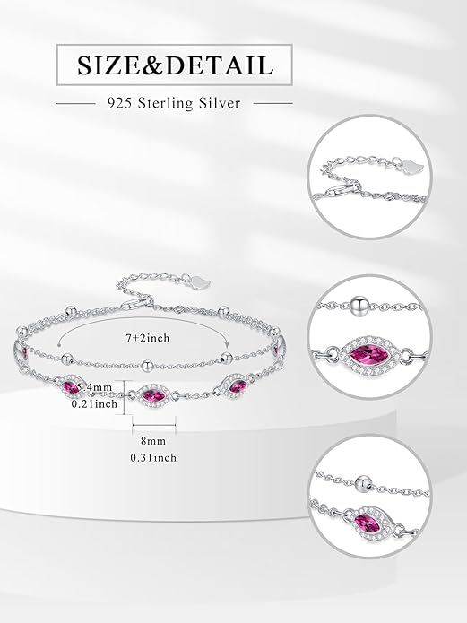 Evil Eye Birthstone Charm Link Bracelet 925 Sterling Silver Evil Eye Bracelet with 12 Months Birthstone Birthday Jewelry Gifts for Women Mom Her,Chain Length 7"+2" Extend