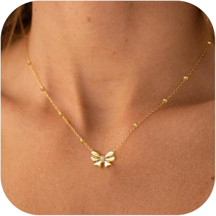 Valentines Day Gifts for Her - Dainty Bow Necklace for Women 14K Gold Plated Cute Choker Small Pendant Charm Necklaces Teen Gift Trendy Stuff Personalized Jewelry