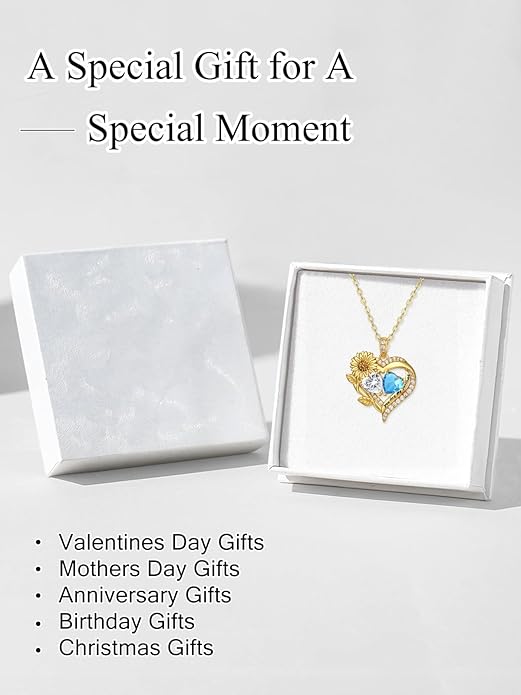 Sunflower Heart Necklace for Women 14K Gold Exquisite Valentines Day Anniversary Birthday Gifts for Wife Mother Her Double Birthstone Pendant Jewelry‘You Are My Sunshine’