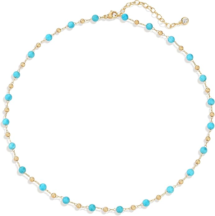 Created Turquoise Necklace for Women 14K Gold Plated Beaded Heart Choker Boho Necklaces Handmade Beach Summer Everyday Western Jewelry Gifts