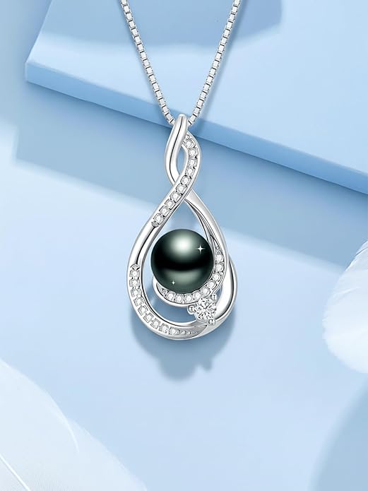 Tahitian Black Pearl 18K White Gold Plated Sterling Silver Heart/Infinity/Four Leaf Clover Pendant Necklace Jewelry Gifts for Women Wife Mom Girlfriend Wedding Birthday Anniversary Christmas