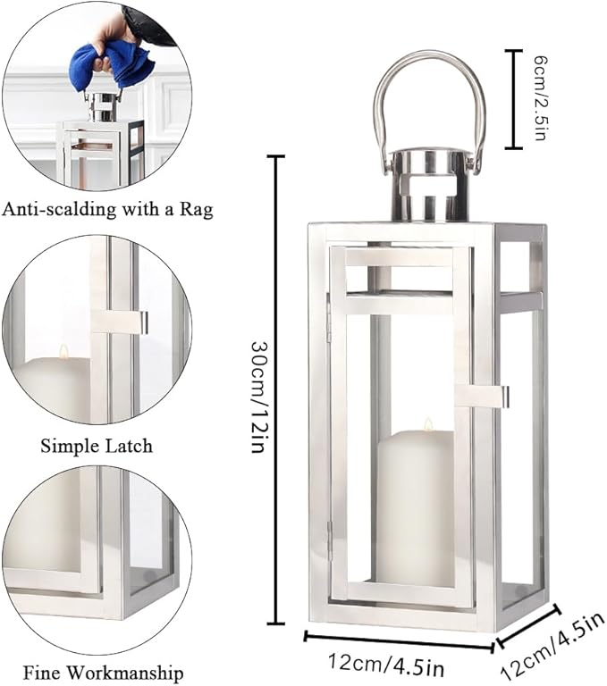 TRIROCKS Stainless Steel Decorative Lantern 12'' High Metal Hanging Lantern with Clear Glass Panels Perfect for Home Decor Living Room Parties Events Tabletop Indoors Outdoors (Silver)