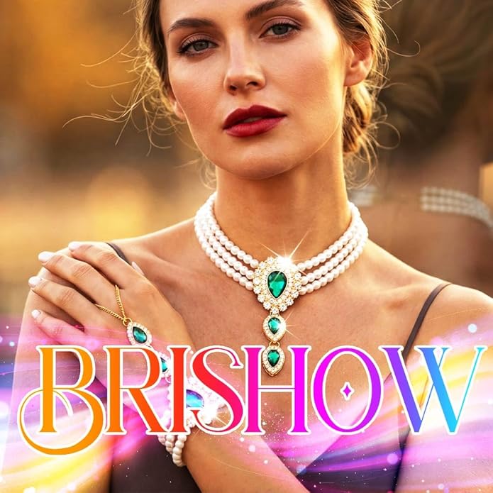 Brishow Pearl Choker Necklaces Set Green Crystal Bridal Jewelry Sets for Wedding Layered Pearl Costume Jewelry Bracelets Set for Women