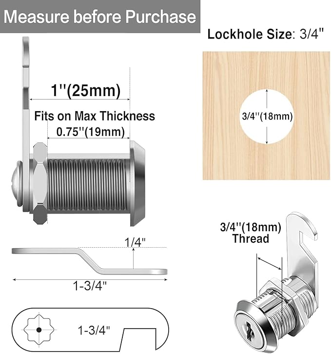 Cabinet Cam Locks Keyed Alike, 1'' Fits on 3/4'' Max Door Thickness, Secure File Drawer Mailbox RV Storage Replacement Set, Zinc Alloy (1 Inch 2Pcs)