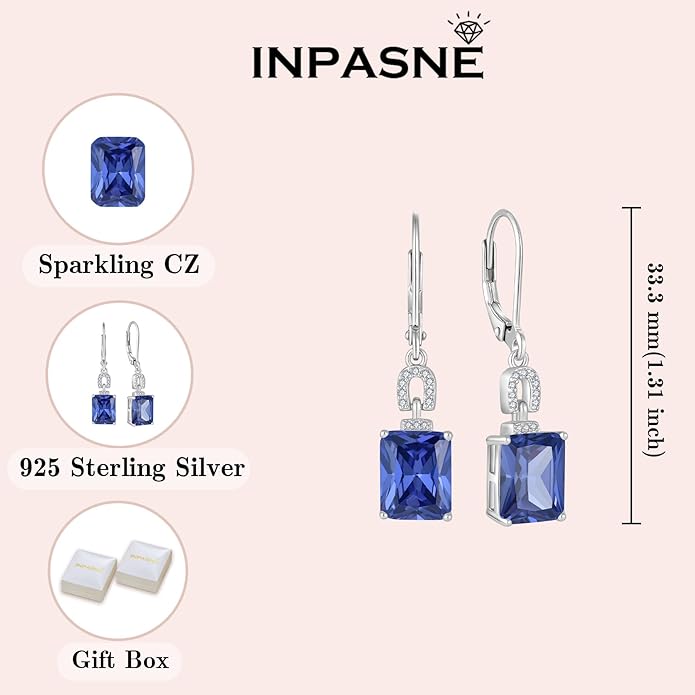 Emerald Cut Earrings 925 Sterling Silver Baguette Birthstone Dangle Drop Leverback Earrings Jewelry Gifts for Women