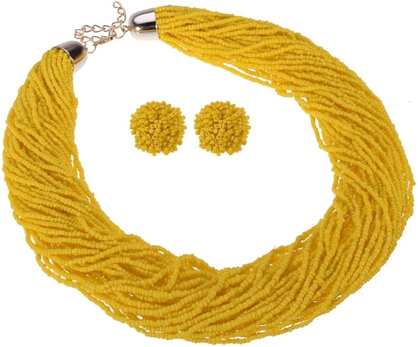 Fashion Multilayer Seed Bead Chain Choker Collar Necklace Earrings Set Cluster Strand Handmade Bib Statement Necklace